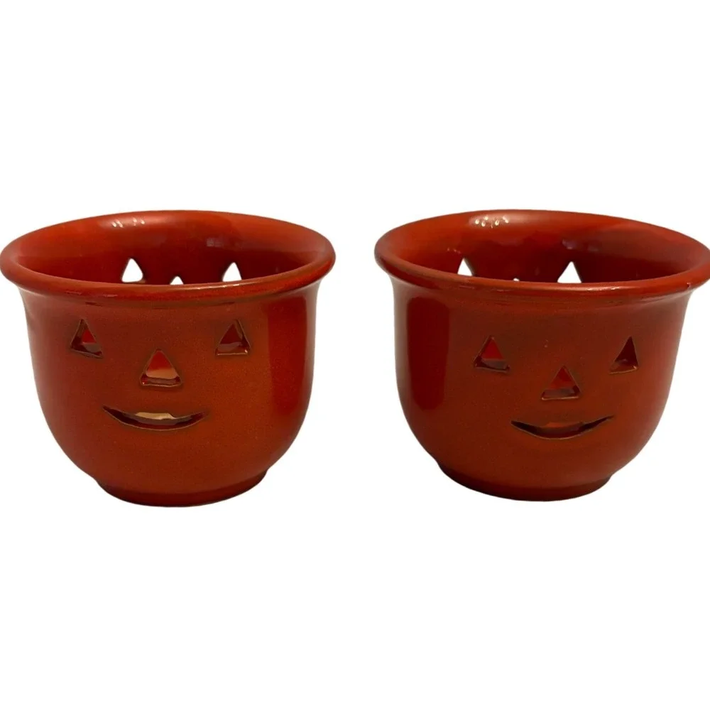 Pier 1 Imports 1990 Ceramic Pumpkin Tealight Holders Halloween Decor Fall Candle